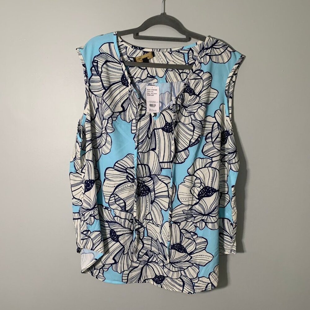 NEW Suzanne‎ Betro Tunic Top Women 4X Blue Navy Ivory Floral Tie-Neck Sleeveless